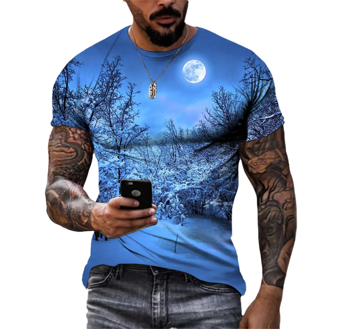 Summer T-shirt Snow View Men's New Personality Large Silhouette 3d Hd Digital Print Crewneck Comfortable Short-sleeved Clothing