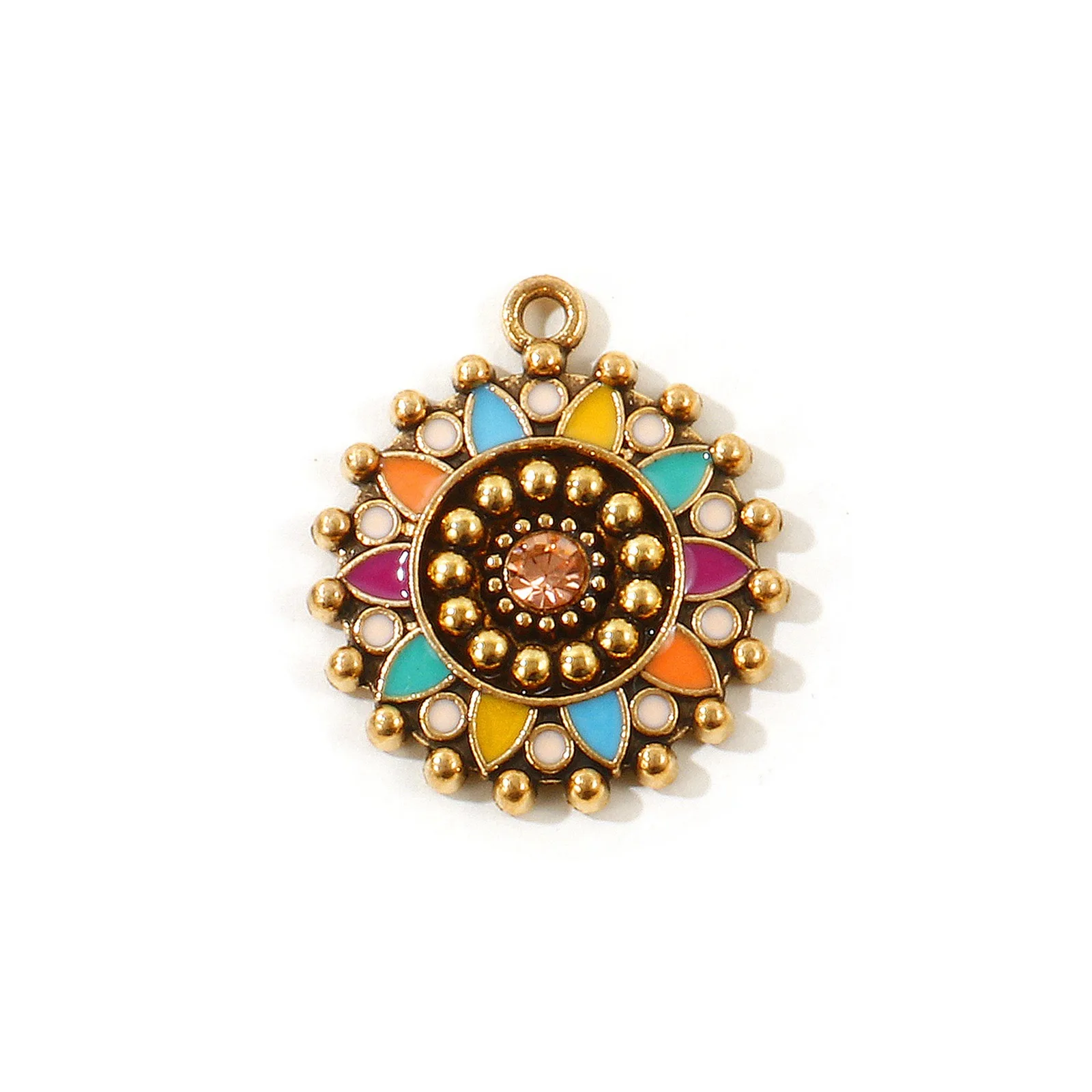 5 Stück Vintage Bohemia Charms, mehrfarbige Emaille-Anhänger aus Zinklegierung, rund, für Frauen, DIY-Halskette, Schmuck, Geschenkzubehör, 25 mm x 22 mm – Detail 6