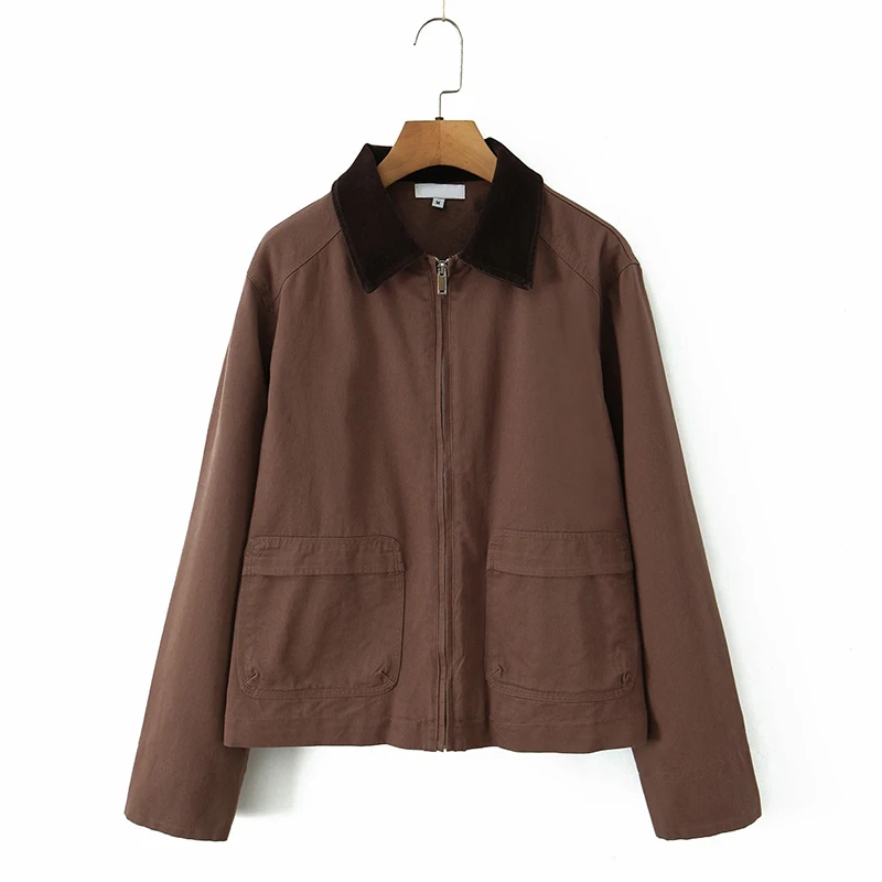 

2025 ретро цветная куртка с воротником для женщин, молния спереди, уличная одежда с длинными рукавами, свободная верхняя одежда, женское весенне-осеннее пальто