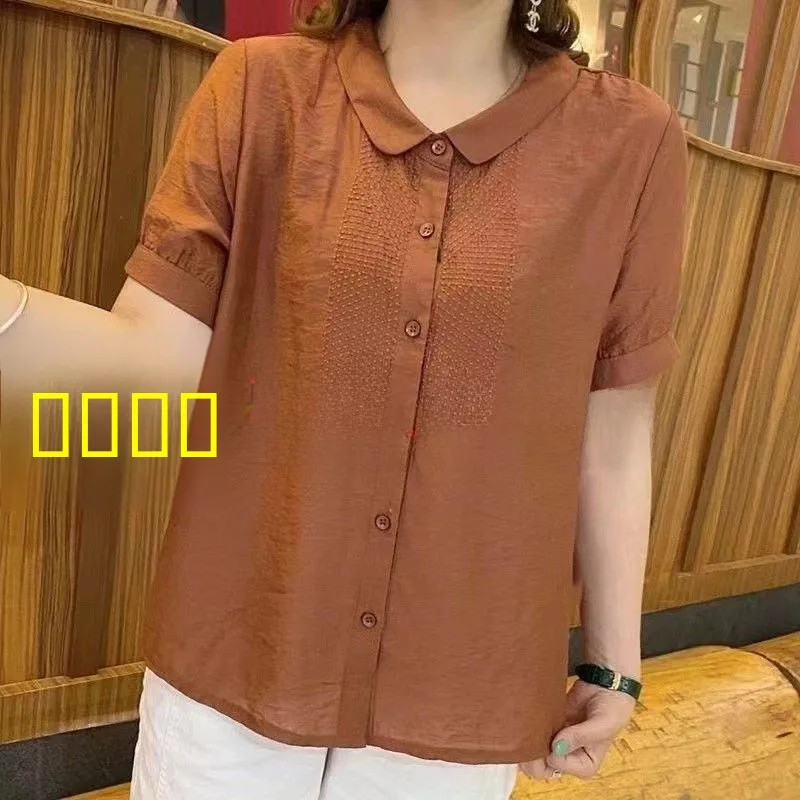 

plus Size 300 Pounds Silk Cotton Linen Shirt for Middle-Aged Women Summer Thin Slimming Top Meat Covering Loose Fit Short Sleeve