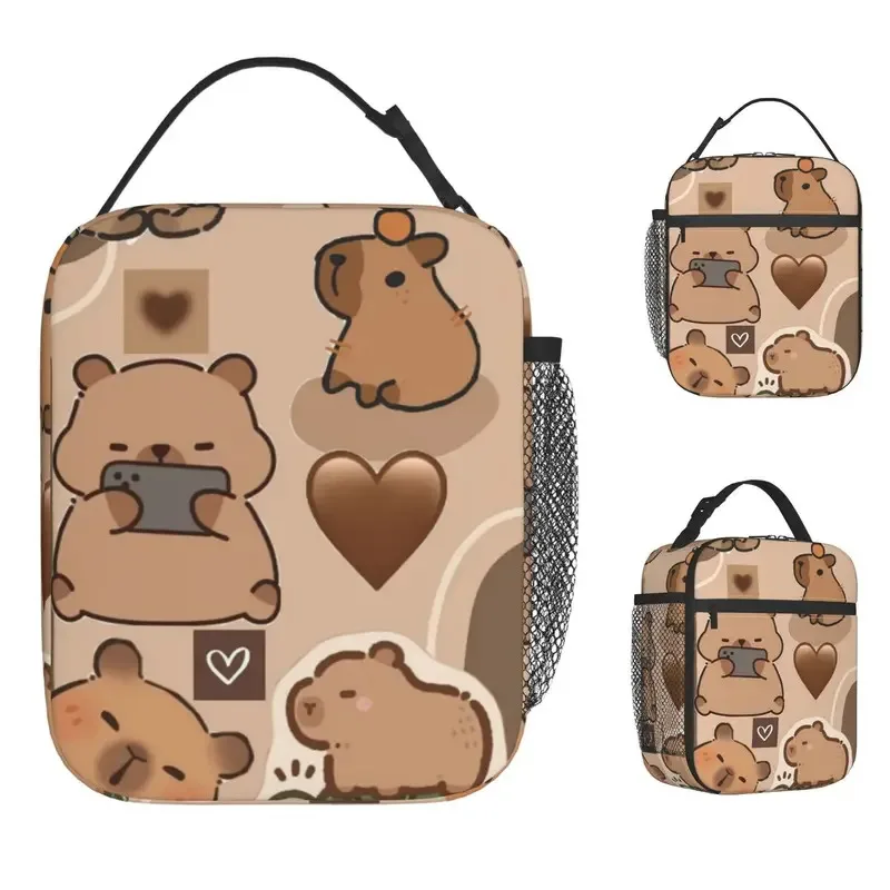 Cute Capybara Print Lunch Bag with Capybara Face & Heart Cutouts - Durable Oxford Fabric Food-Safe Insulated Lunch Box & Cooler