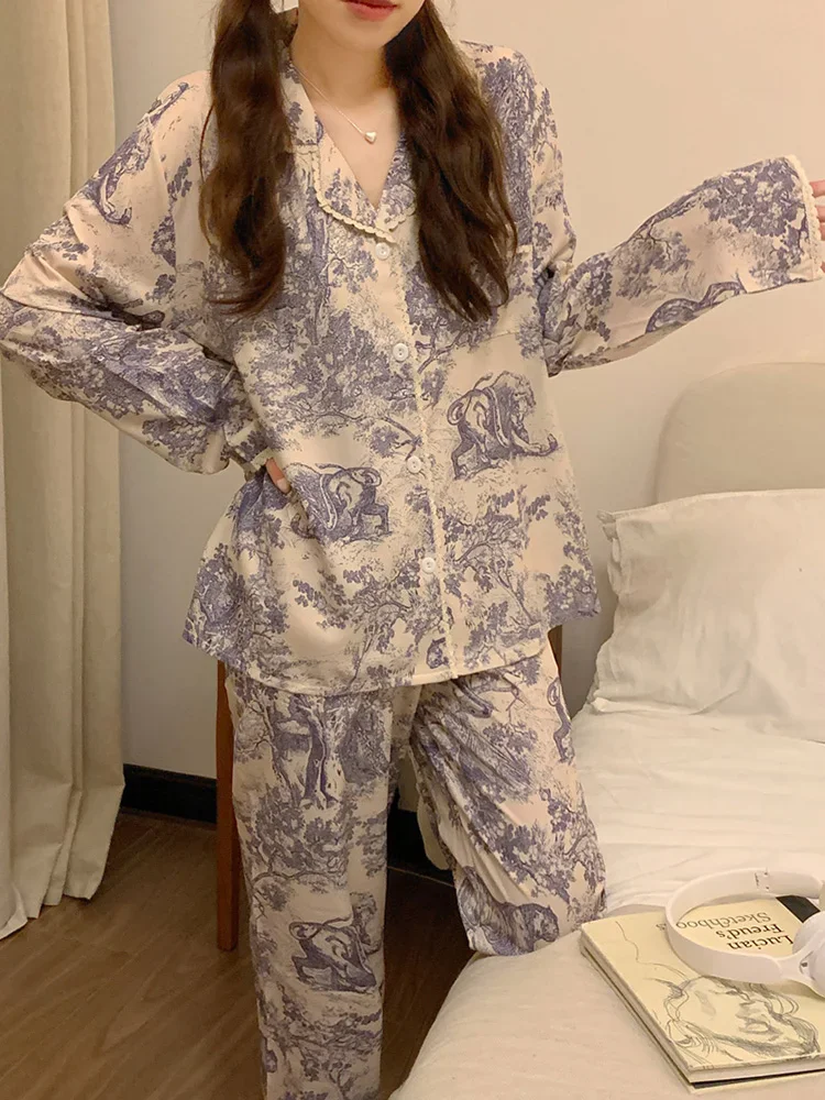 New Lace Loose Printing Autumn Winter Long Sleeve Pajama Set Women Vintage Totem Chinese style Chinese style Elegant Sleepwear