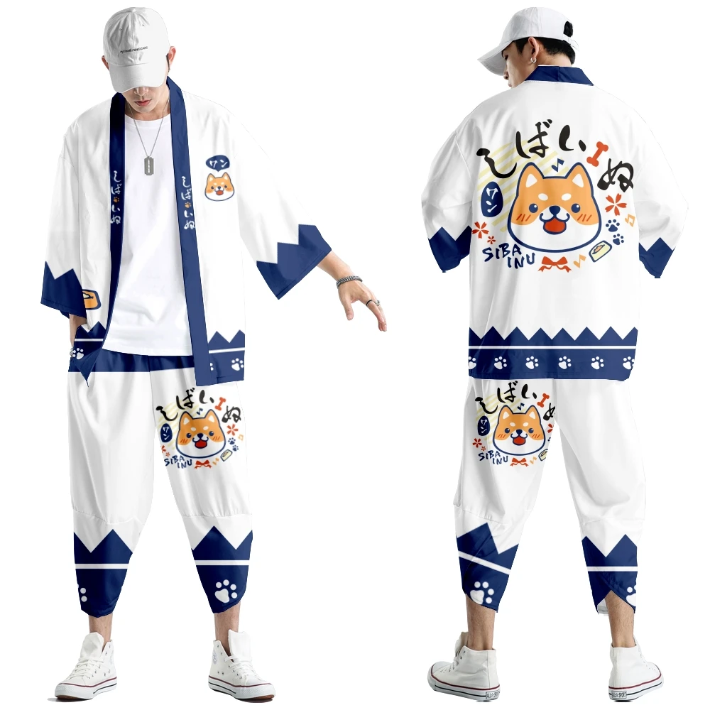 Cute Dog 3D Printing Japanese Kimono Haori Yukata Boys Girls Fashion Summer Kimono shirt and Pants Sets Two Piece Suit
