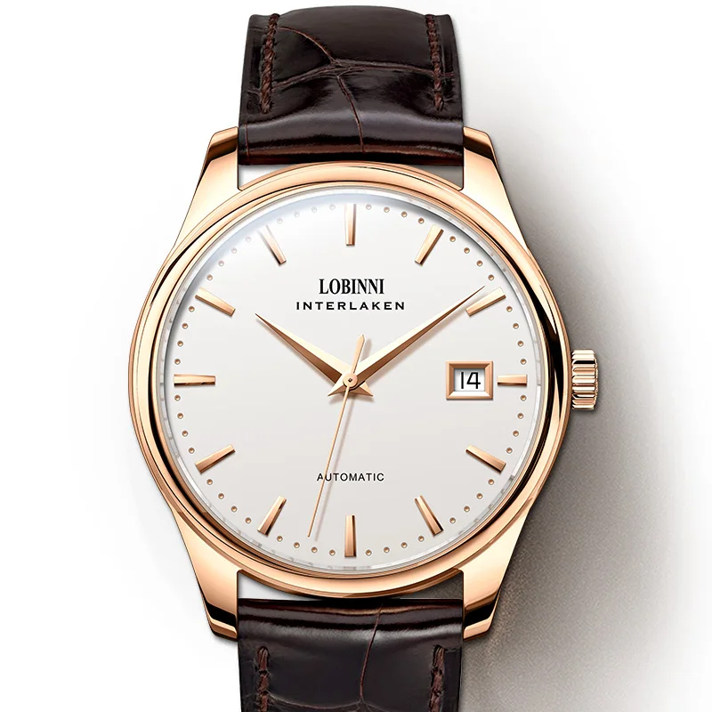 LOBINNI estilo Simple Gaviota ST2130 movimiento cuero de negocios cristal de zafiro hombres reloj automático impermeable
