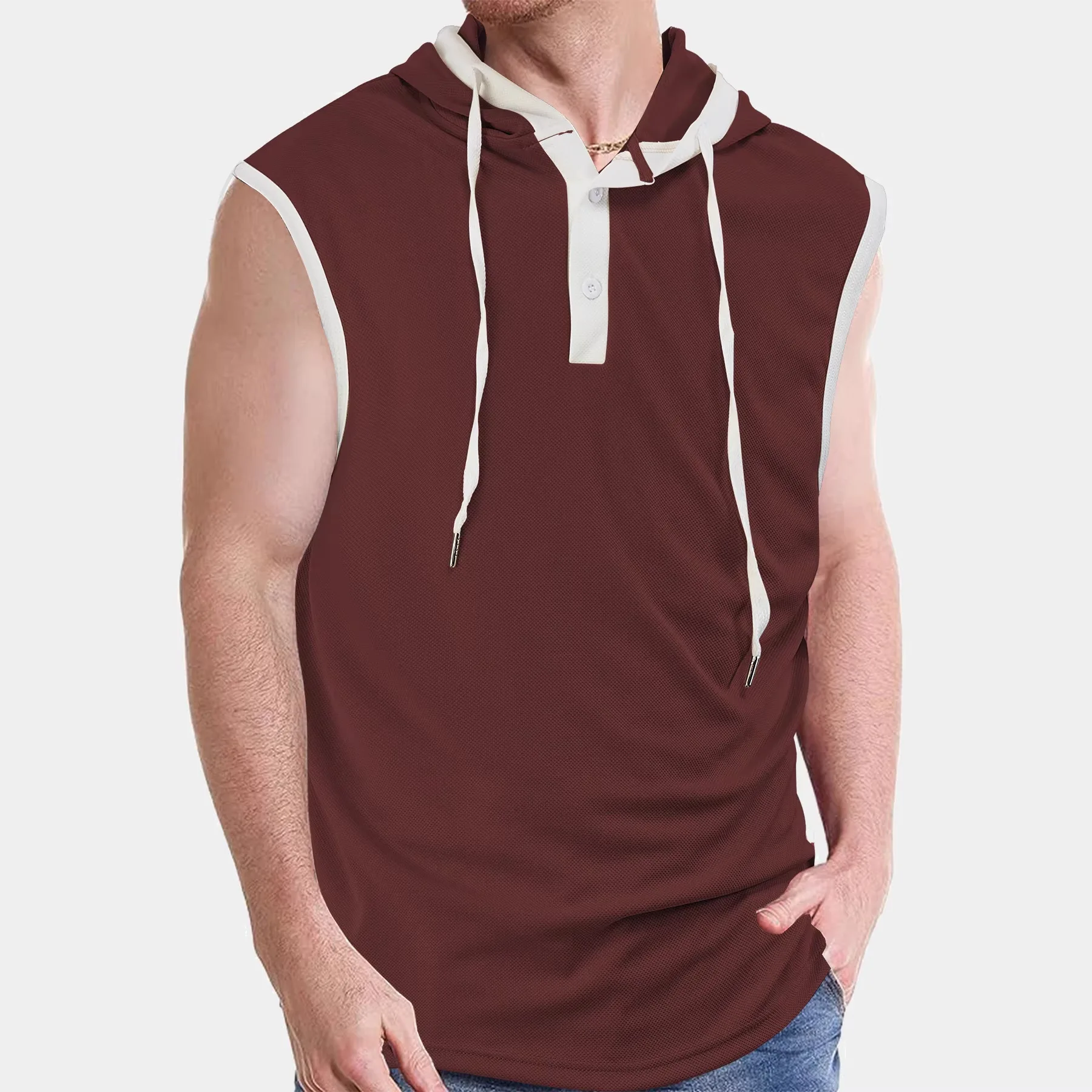 Cross-border large-size sports fitness vest summer quick-drying versatile solid color vest sleeveless hooded men's vest cw74825