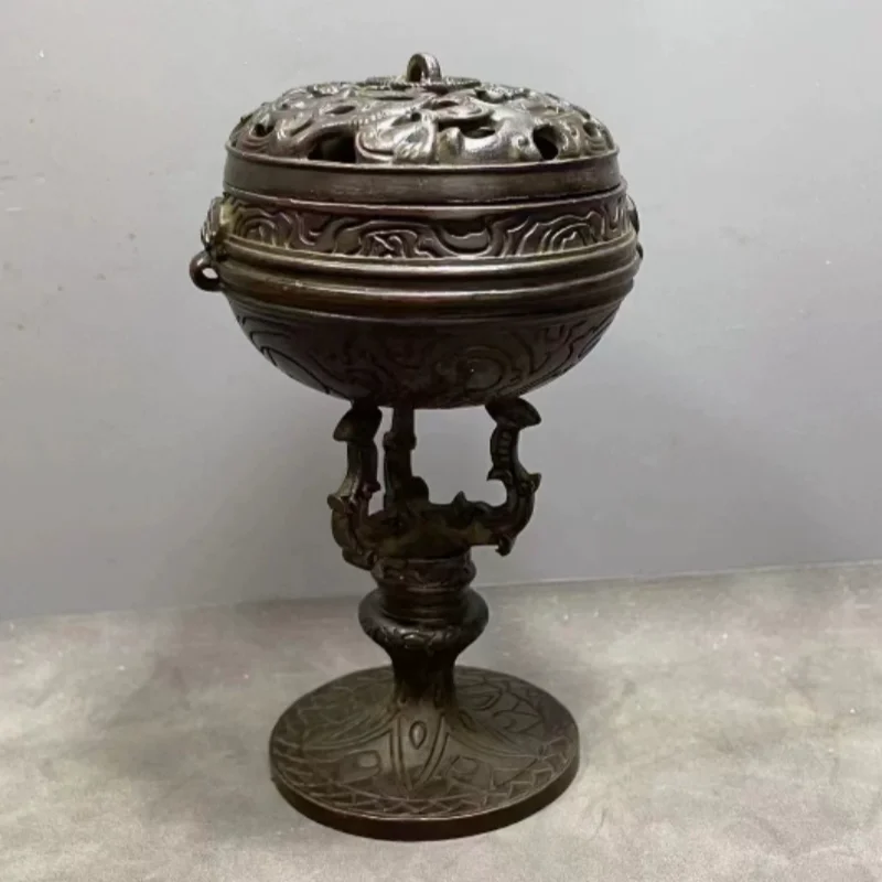 Antique copper collection hollowed out carved dragon pattern incense burner home desktop retro decoration handicraft