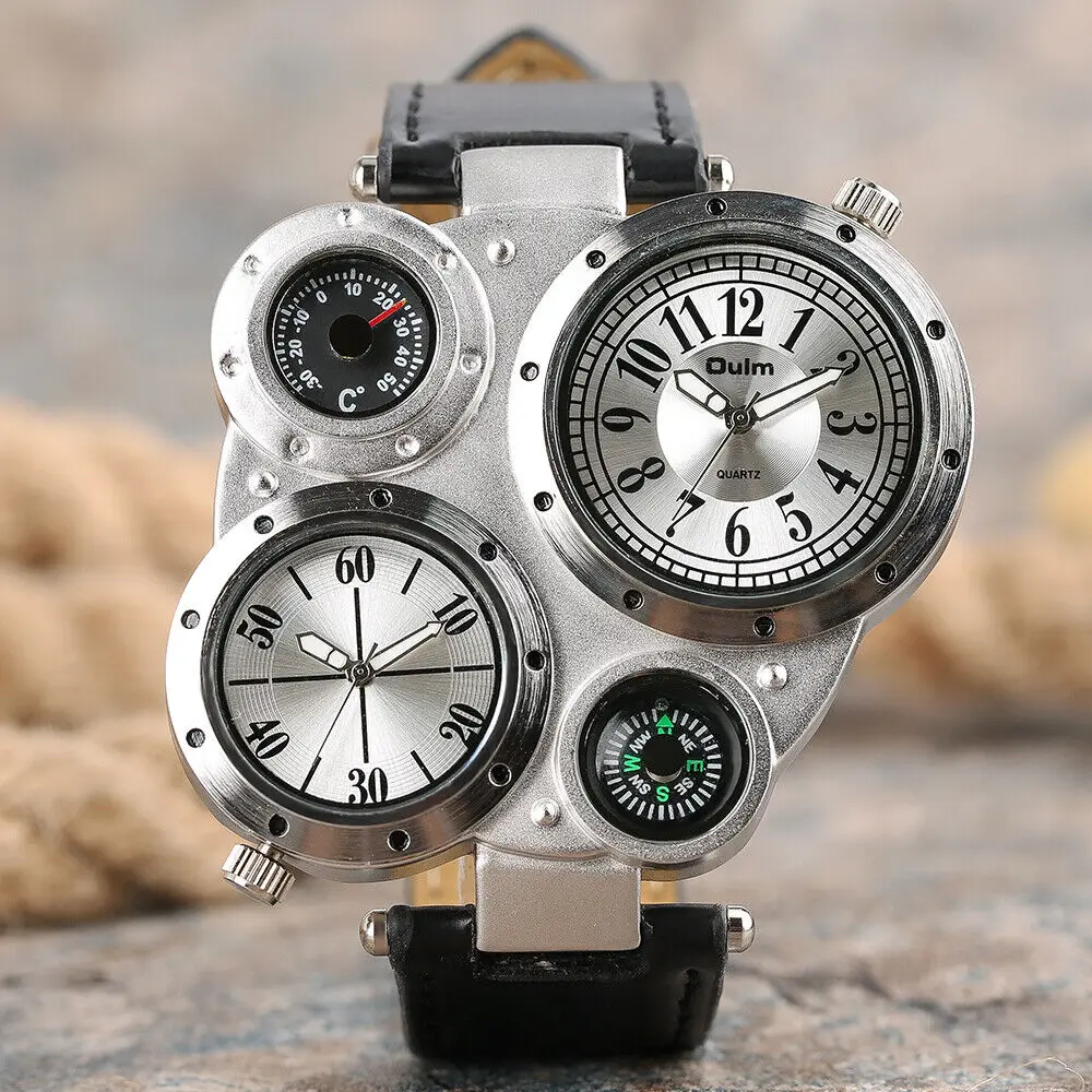 Big Face Oulm Original Quartz Watches Design Dual Time Watch Decorative Compass