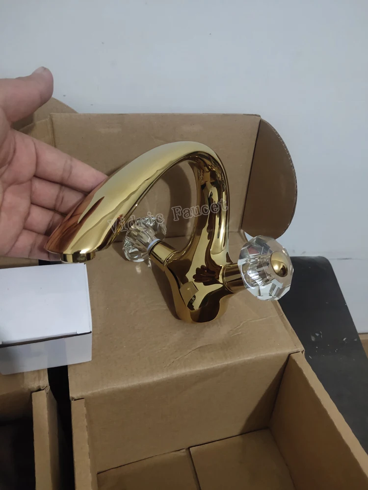 Vidric Basin Faucets Gold Brass Crystal Handle Bathroom Faucet Tap Toilet Mixer Water Tap Deck Mounted Basin Sink Crane Taps