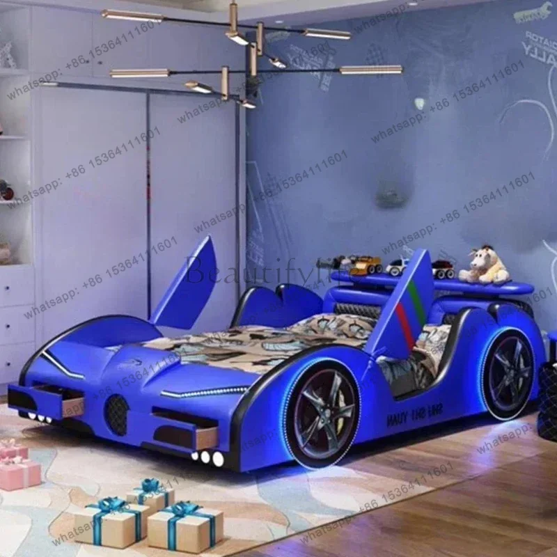 LJY Boys High End Double Bed Car  Queen Size Luxury King Double Bed Frame Light Modern Wood Cama De Casal Bedroom Furniture