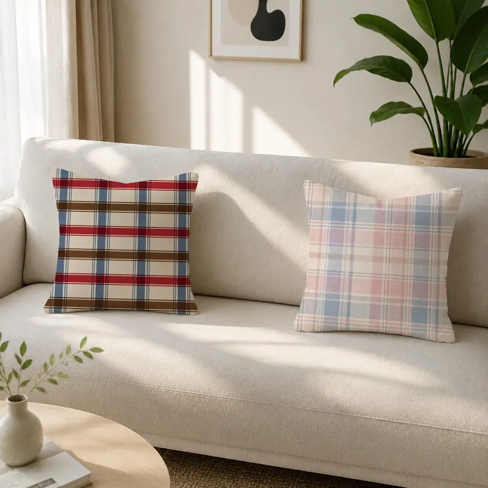 Preppy Classic Plaid-Gingham-Stripes Cushion Cover Soft Plush Fluffy Throw Pillow Cases for Sofa Bedroom Home Decor