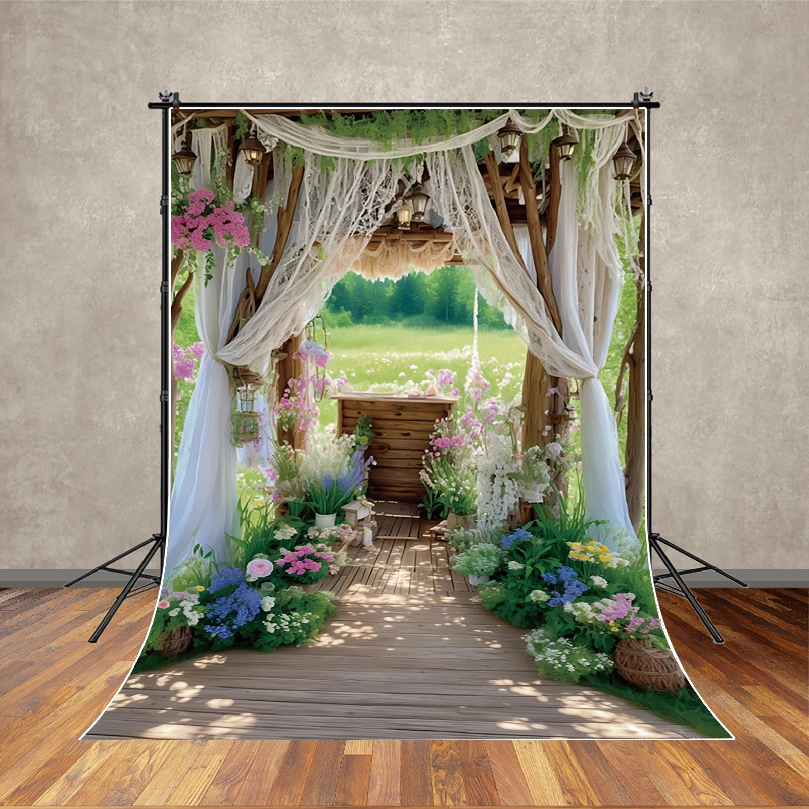 MOON.QG Spring Floral Flower Garden Photography Backdrop Curtain Brick Road Women Portrait Photozone Background Home Decoration