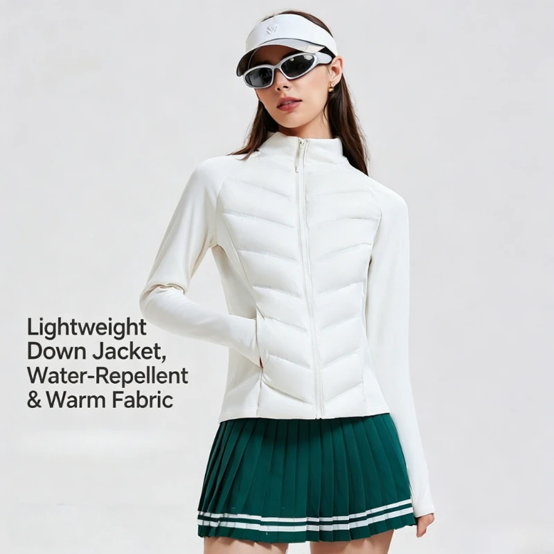 Women Fitness Thermal Jacket Slim Fit 3-Proof Stand Collar Gym Yoga Coat White Duck Down Hiking Sports Workout Outerwear