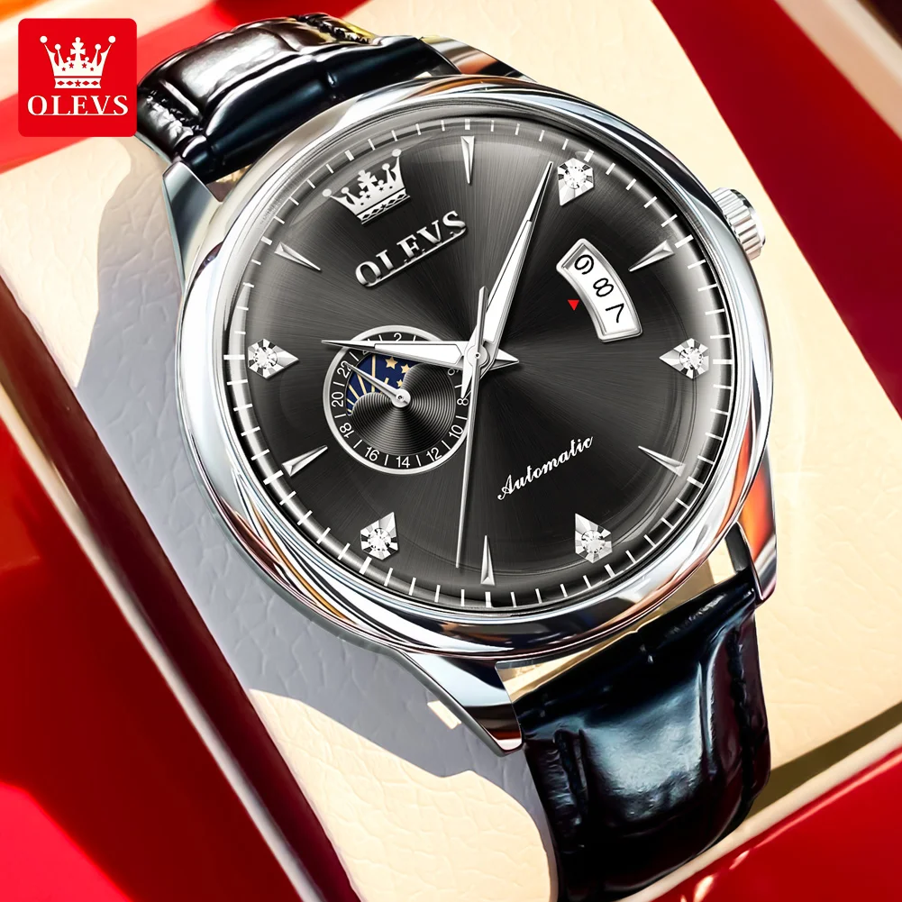OLEVS 7040 24h القمر المرحلة ساعة رجالي مقاوم للماء حزام من الجلد الساعات الطلب البسيط التقويم التلقائي الميكانيكية ساعة رجالي #3