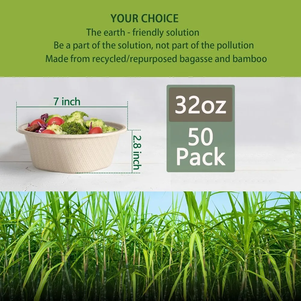 Eco-Friendly Sugarcane Fiber Disposable Bowls 32oz, Compostable & Microwave Safe, Heavy Duty for Soup Salad Dessert, 50 Pack