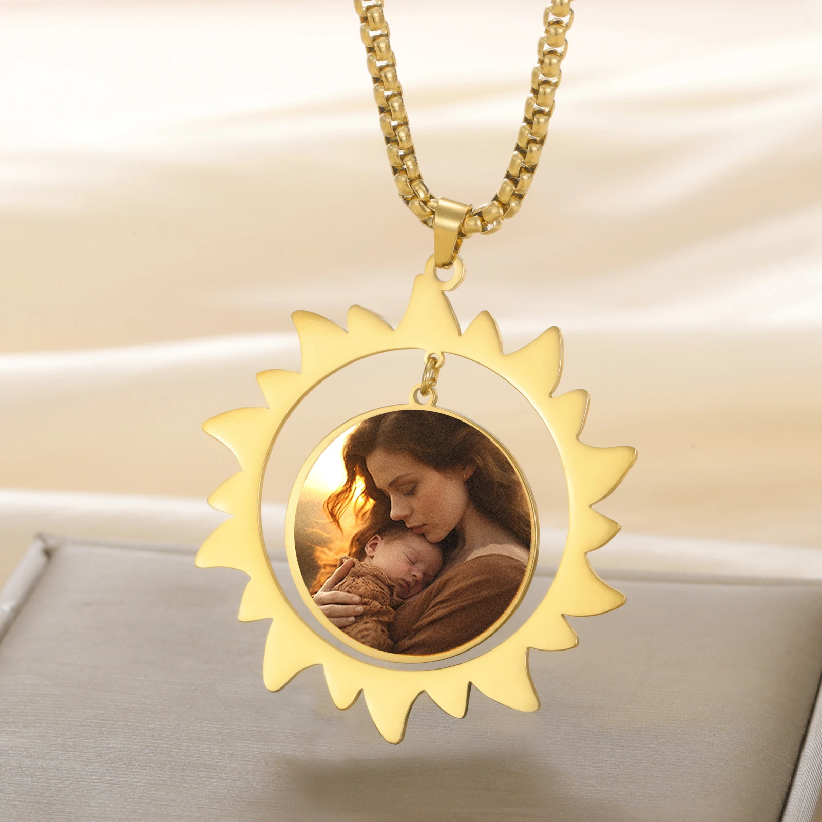 

Custom Personalized Family Photo Picture Sun Pendant Necklace Stainless Steel Motherly Love Wife Baby Anniversary Father's Day