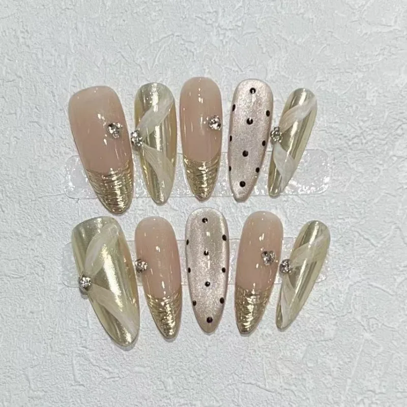 

10pcs Handmade Nude Gold Color Acrylic Press on Nails for Gluing Ready High Quality Nail Tips Nail Art Stick-on Nails Fake Nails