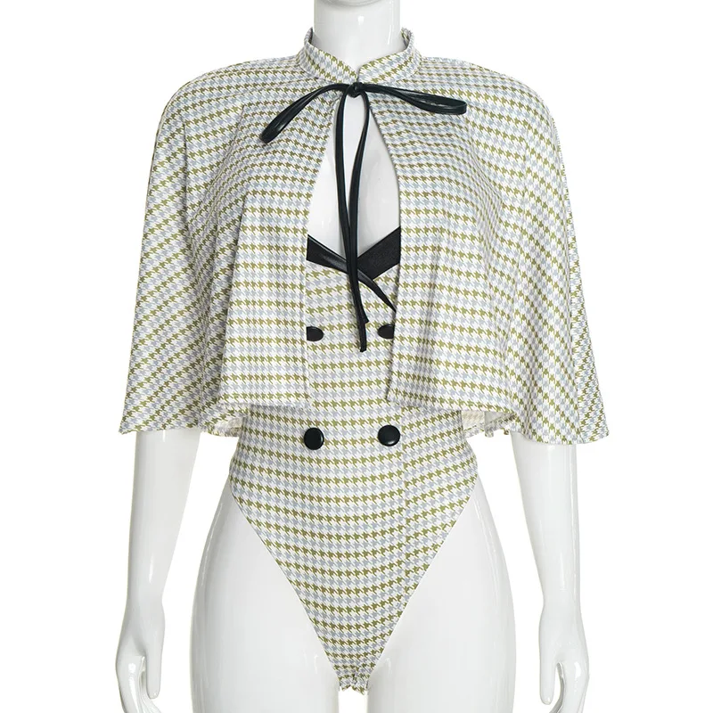 Retro Gingham Plaid Sexy Two Piece Jumpsuits Womens Rompers 2026 New Fashion Cape Cloak and Straps Backless Bodysuits Outfits