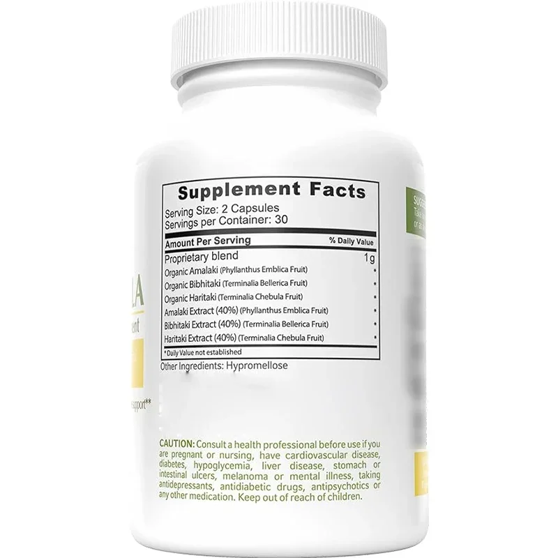 كبسولات تريفالا عضوية مصنوعة من كبسولات مسحوق أمالكي وبيبيتاكي وهريتاكي -60 كبسولة - مكمل تريفالا