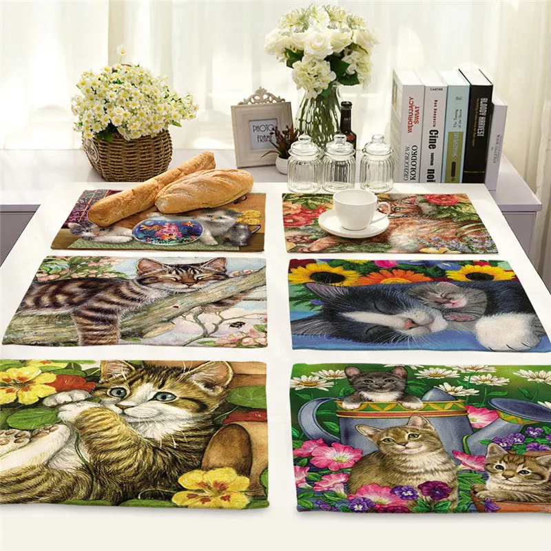 40X30cm Cute Cat Flower Pattern Placemat Dining Table Mats Cotton Linen Drink Coaster Western Pad Cup Mat For Home Decor Gifts