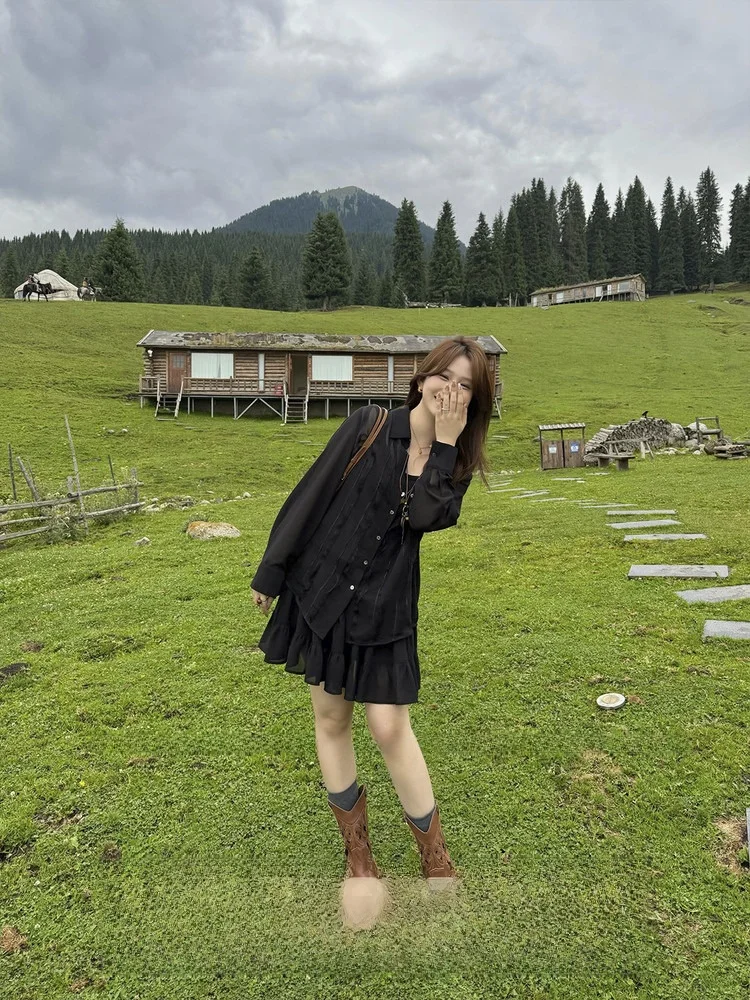 

plus Size Women's Faion Set Simple Ele irt And f Skirt Micro Plump Sister Sle French Sle Long Sve Turn-down...