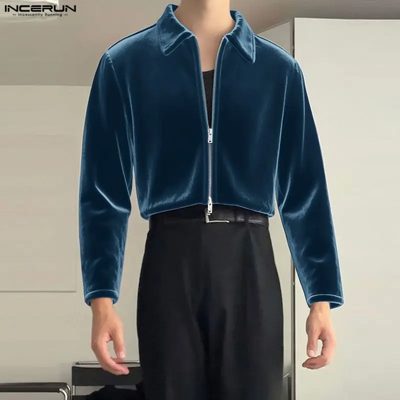 

INCERUN Men Jackets Solid Color Lapel Long Sleeve Zipper Velour Male Crop Coats Streetwear Fashion Casual Outerwear Jackets Men