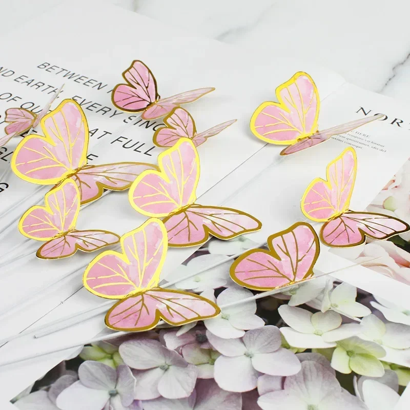 10pcs Stamping Gold Pink Butterfly Cake Toppers Princess Girl Wedding Happy Birthday Party Decor Dessert Cake Decor Butterfly