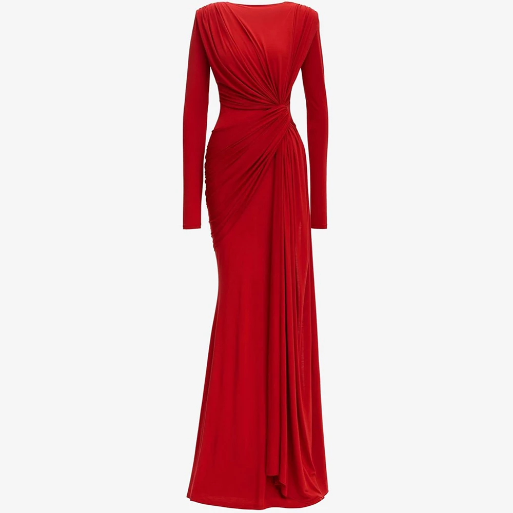 Customized  Formal and Classic Mermaid Long Sleeves O-Neck Evening Dress Red Jersey Court Train Pleats Zipper Back Cele