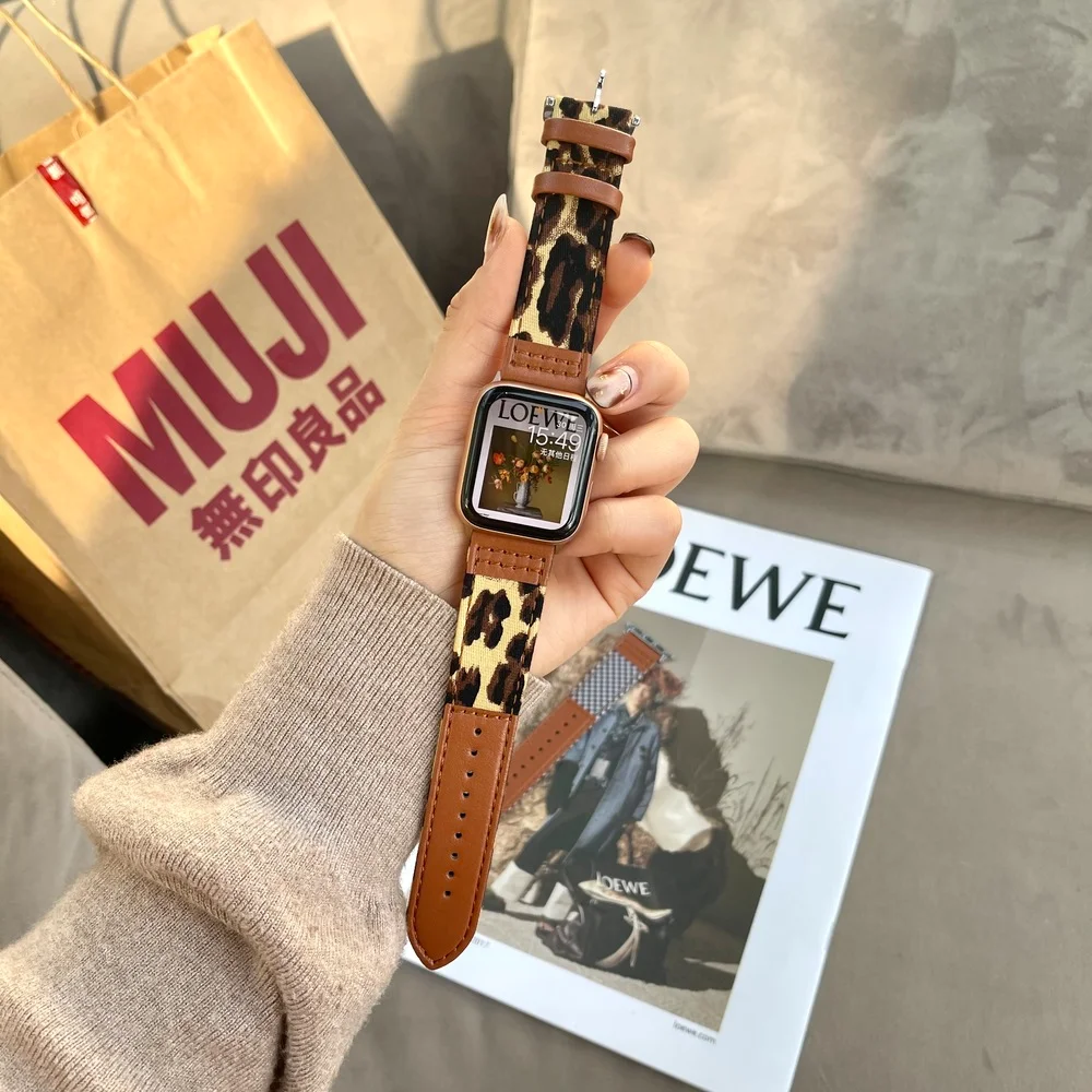 Watch Bracelet Brand New for Apple Watch iwatch7123456se Leopard Plaid Canvas Watch Strap Leather Watch Strap