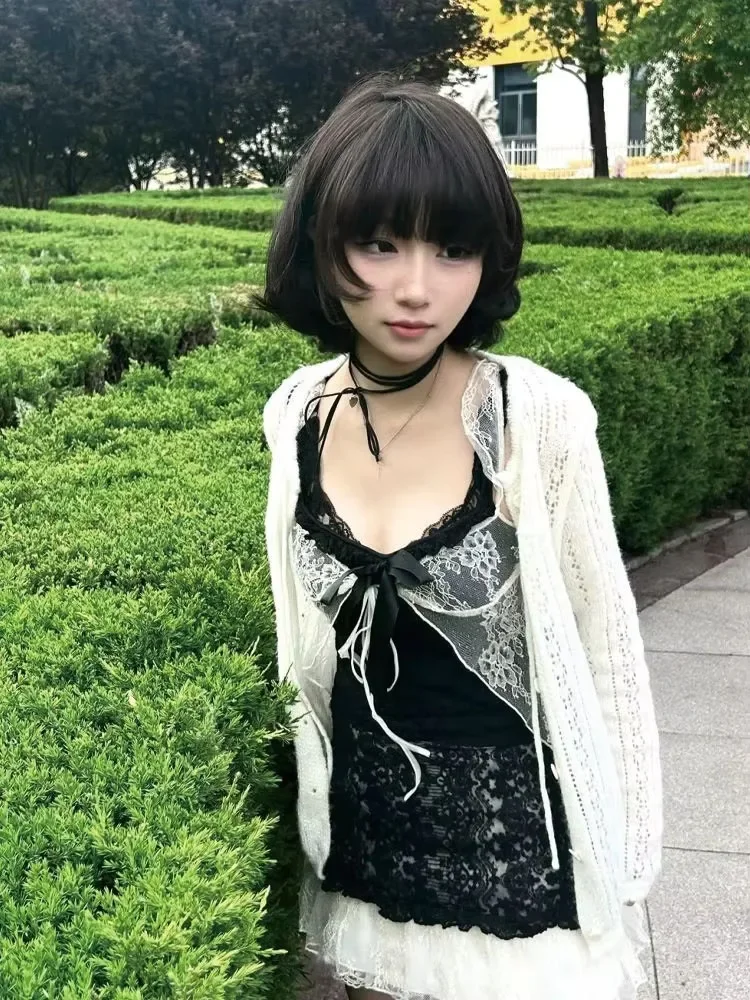 

Эстетическое винтажное кружевное тонкое платье женское готическое сексуальное Y2k кардиган на шнуровке женские уличные горячие девушки с открытыми плечами платья на бретельках