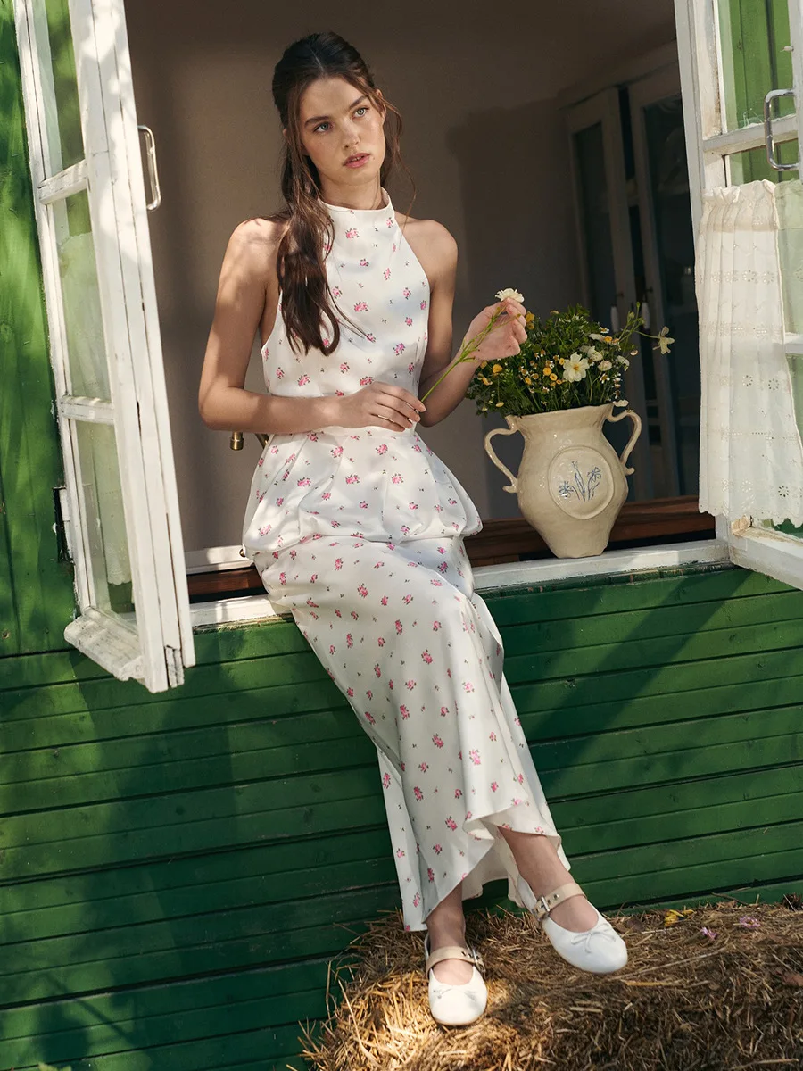 우아한 버블 밑단 베스트 새틴 스커트 세트 백리스 슬리브리스 탑 패셔너블 플로럴 프린트 롱 스커트 슈트 여성 2피스 의상