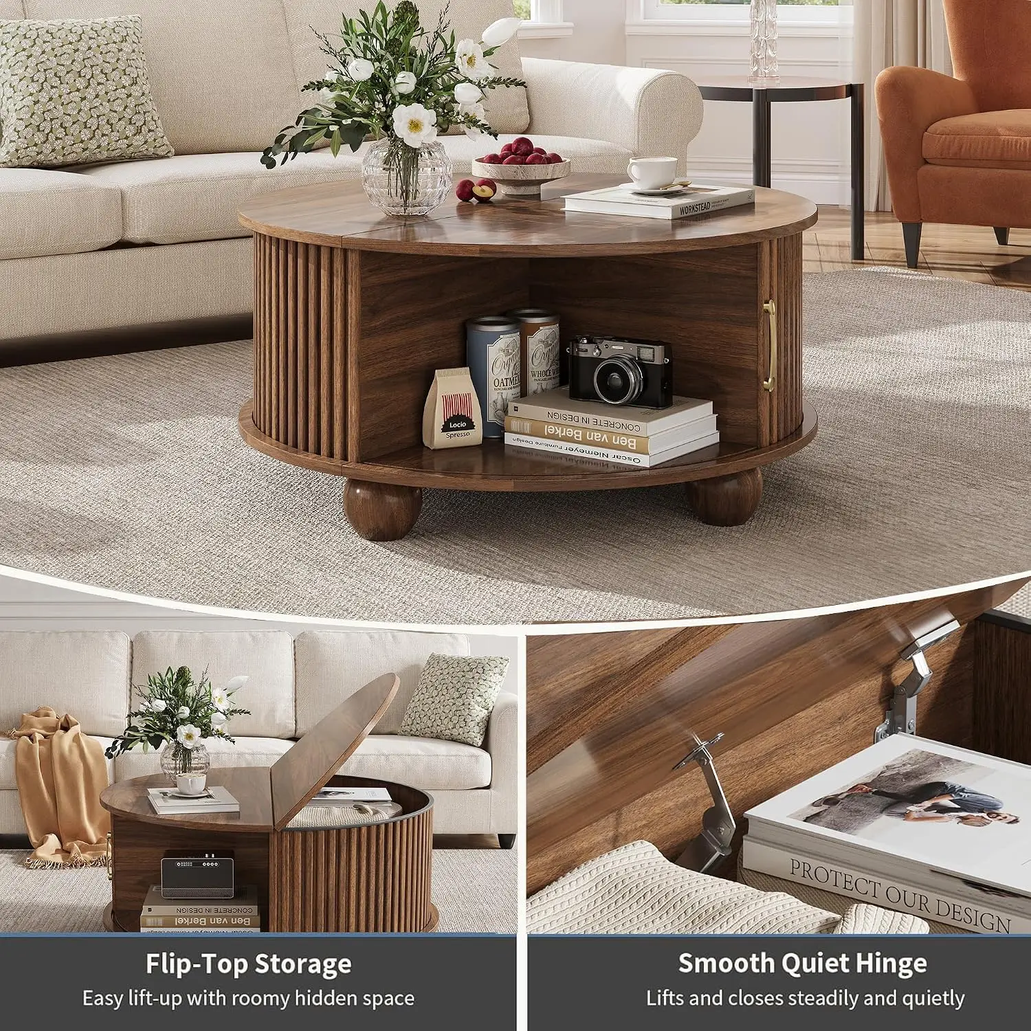 Round Coffee Table with Storage, Accent Fluted Drum Coffee Table,Walnut