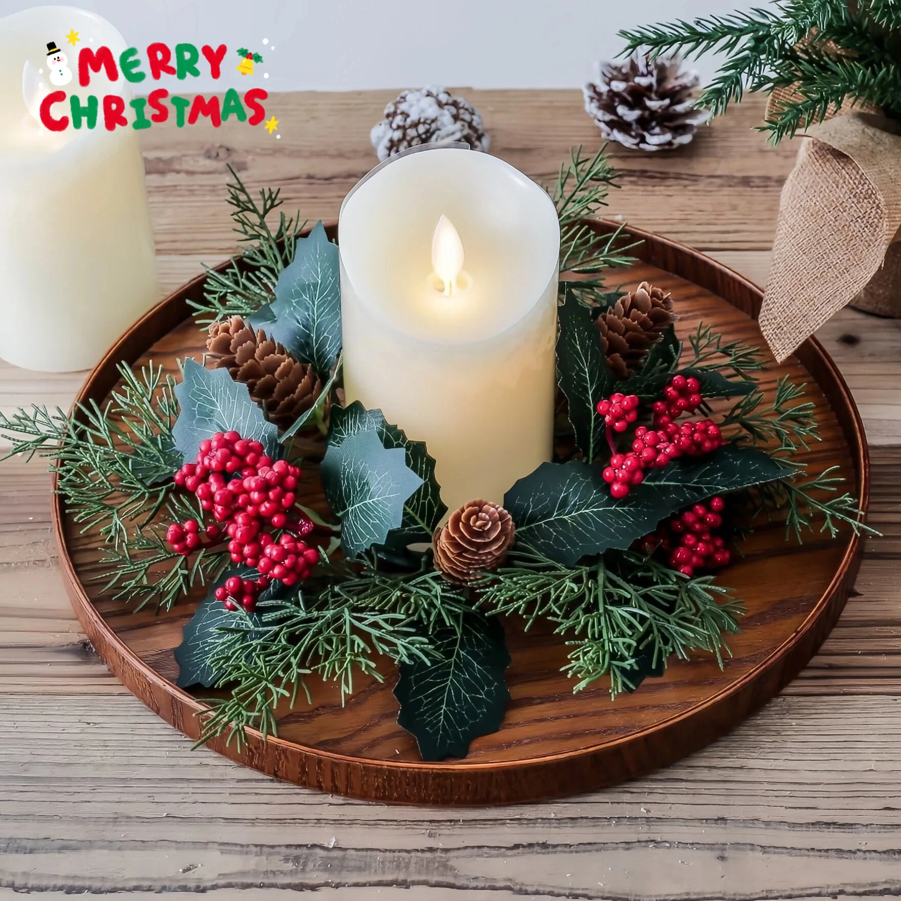 Uflower Klassischer Kerzenring, Weihnachtskranz mit künstlichem Tannenzapfen und roter Beere, Weihnachtsdekoration, Tisch, Hochzeit, Heimdekoration