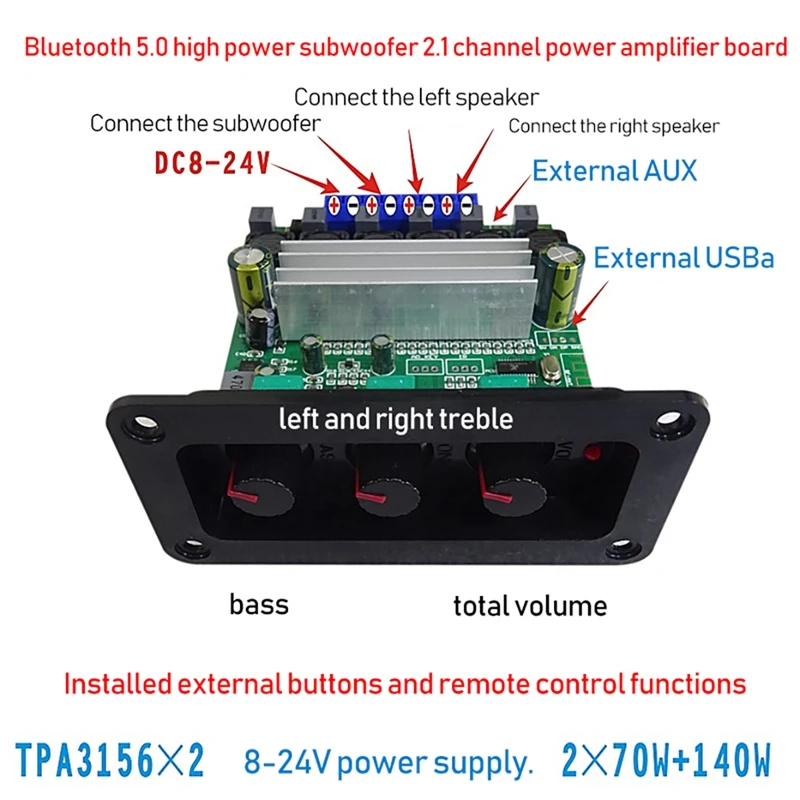 TPA3156D2 2.1 Channel Bluetooth 5.0 Digital Amplifier Board 2X 70W+140W High Power Subwoofer Class D Amplifier DC8V-24V