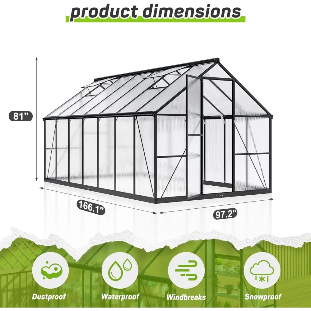 8x14 FT Greenhouse with Roof Vent & Quick Setup Structure, Aluminum Large Walk-in Green House, Outdoor Polycarbonate Greenhouse