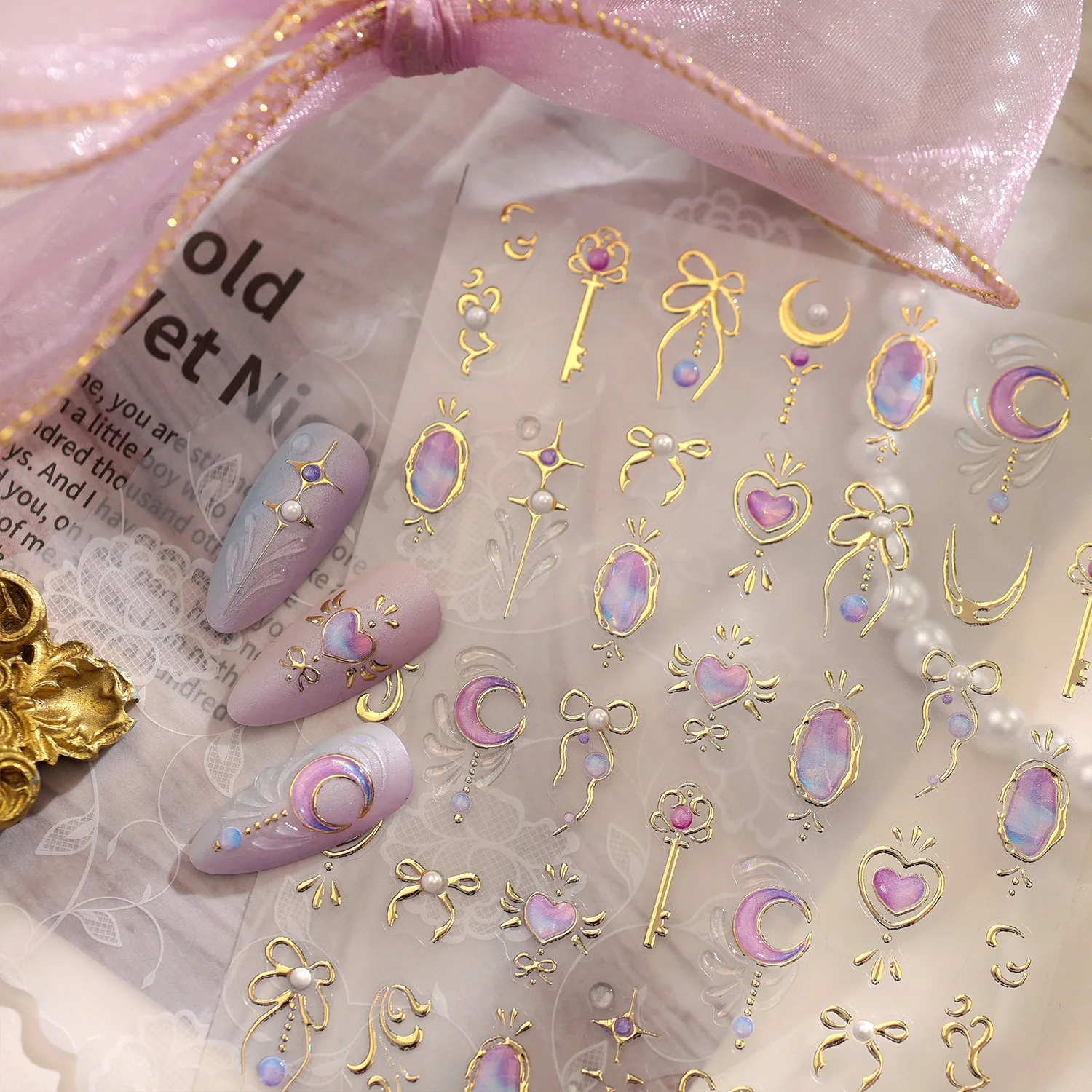 5D Dreamy Gem Key Moon Love Heart Bow Pearl Line Gold Stamped Magic Wand Pattern Self-Adhesive Embossed Nail Decals Manicure DIY