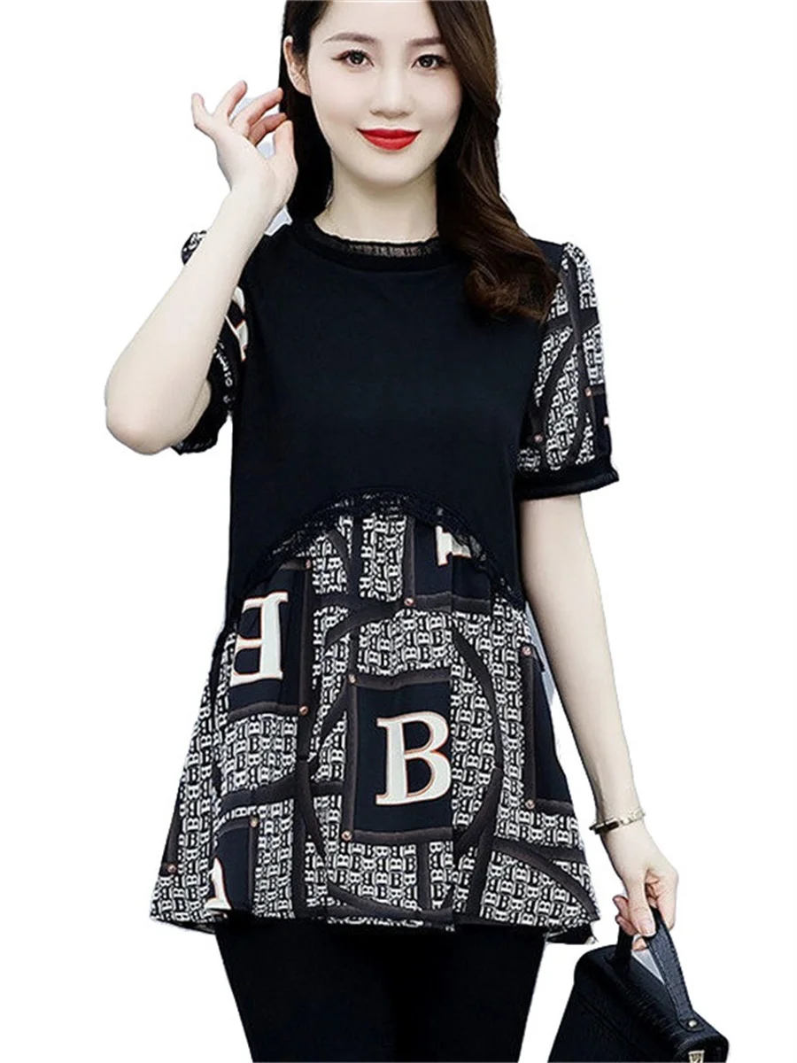 

5XL Women Spring Summer Blouses Shirts Lady Fashion Casual Short Sleeve O-Neck Collar Letter Printing Blusas Tops G2141