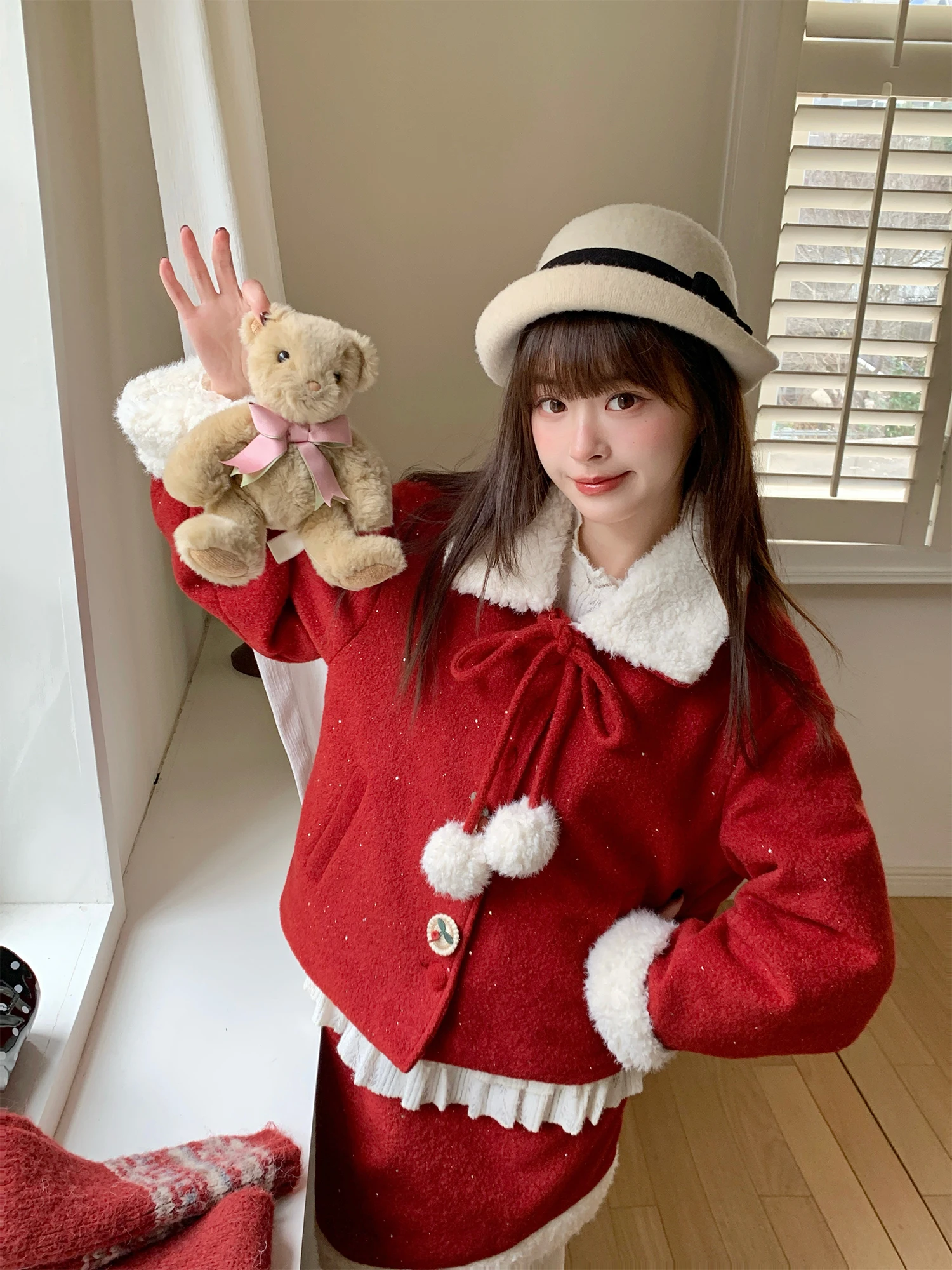 

BibiBency New Year Red Rabbit Woolen Coat Women's Winter ort Skirt Anti-Aging Set High Waist Knot Sweet Sle
