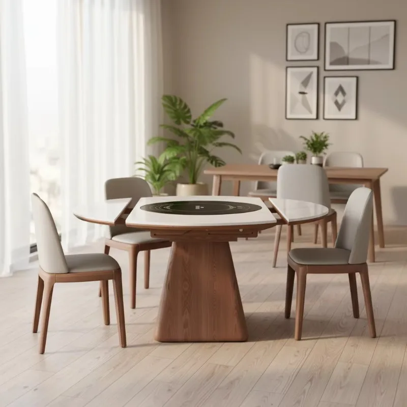 Extendable Round Marble Dining Table Set With Built-in Induction Cooktop Heat Preservation Turntable Solid Wood Base Dining Room