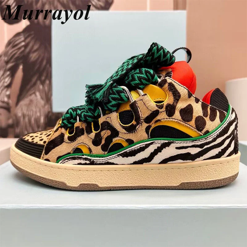 Leopard Pattern Fur Splicing Flat Shoes Big Shoelace Design Thick Bottom Casual Shoes Four Seasons Walking Shoes Unisex Sneakers