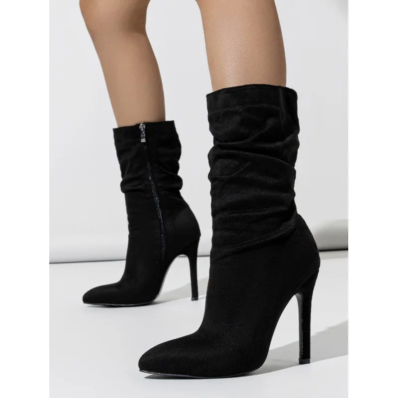 Women's Elegant Slim Mid-Calf Fashion Boots Autumn Winter Pointed Toe Ruched 10cm Heel Side Zipper Faux Suede Outdoor