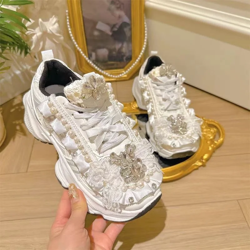 

Luxury diamond-encrusted pearl lace jewel accessories Women's shoes handmade low-top platform casual sports shoes 35-39