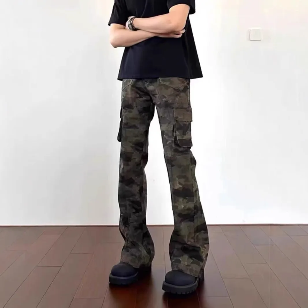 Summer Camouflage Work Pants Women's High Waist Wide Leg Micro Flared Jeans Multiple Pockets Casual Style Zipper Closure