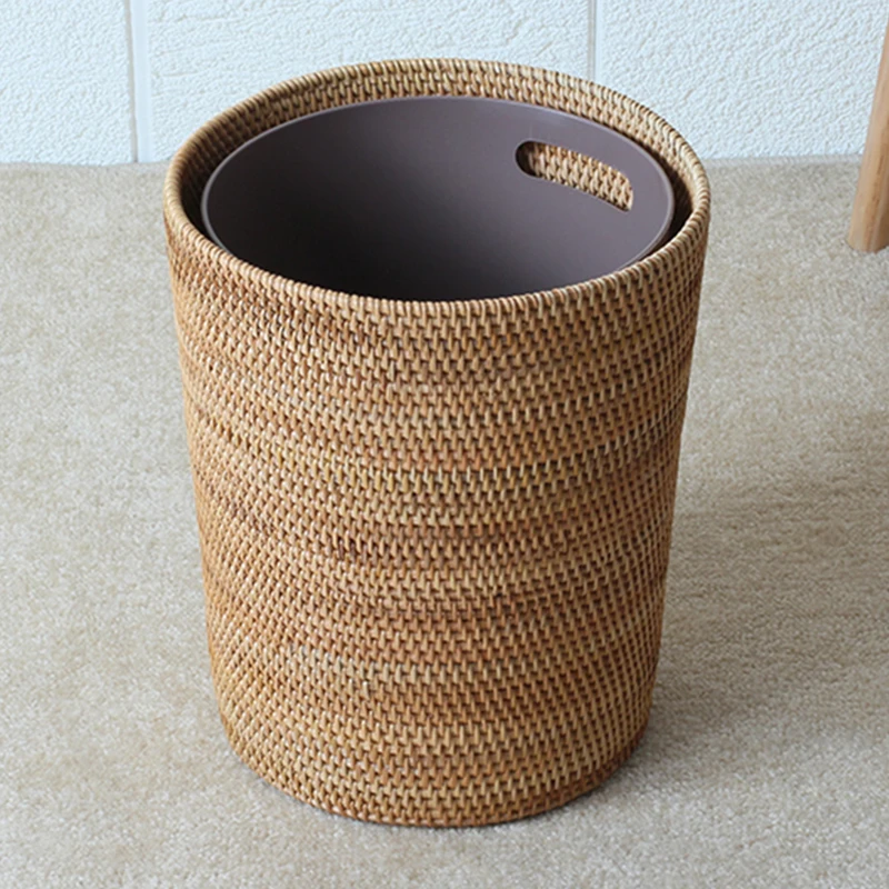 

Woven Rattan Storage Cylinder Lidless Waste Paper Bin Japanese Home Decor Desktop Trash Can Luxury Round Organizer Baskets
