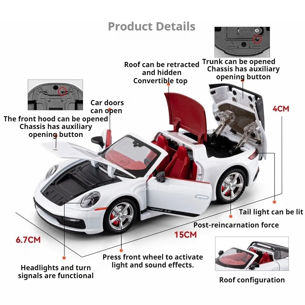 1:32 Scale 911 964 Car Model Toy Doors Opened Sound Light Models Alloy Diecast Pull Back Supercar for Friends Birthday Surprise