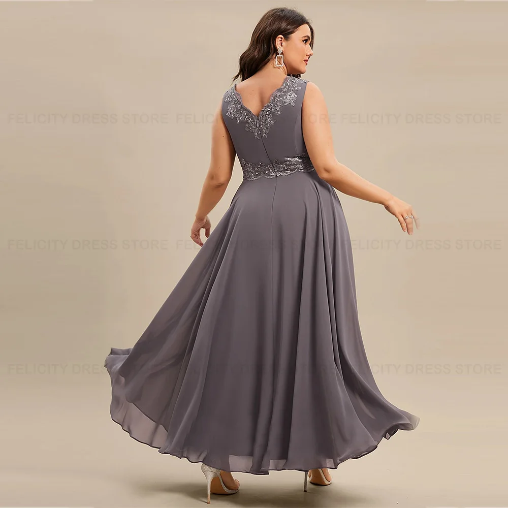 Plus Size 2 Piece Mother of the Bride Dresses 2023 A-line V-Neck Chiffon Wedding Guest Dress Applique Sequin Vestidos para Mujer