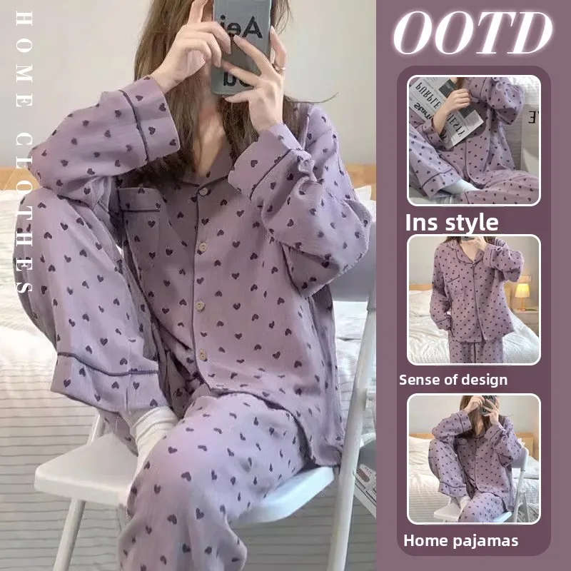 New Heart-Print Sweet-Style Loungewear: Luxurious Long-Sleeve Pajama Set for Girls, Loose-Fit, Perfect for Spring and Fall