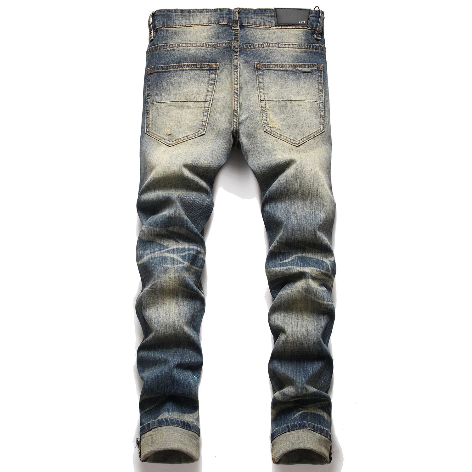 Light Luxury Men’s Slim-fit Punk Blue Denim Pants,Embroidery Decors Ripped Trendy Casual Pants, Stylish Sexy Street Jeans Pants;