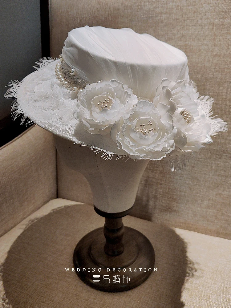 French White Wedding Hat Mesh Pearl Decorated Flat Flower Flat Fedoras Elegant Ladies Cocktail Fancy Show Formal Fedora Cap 2023