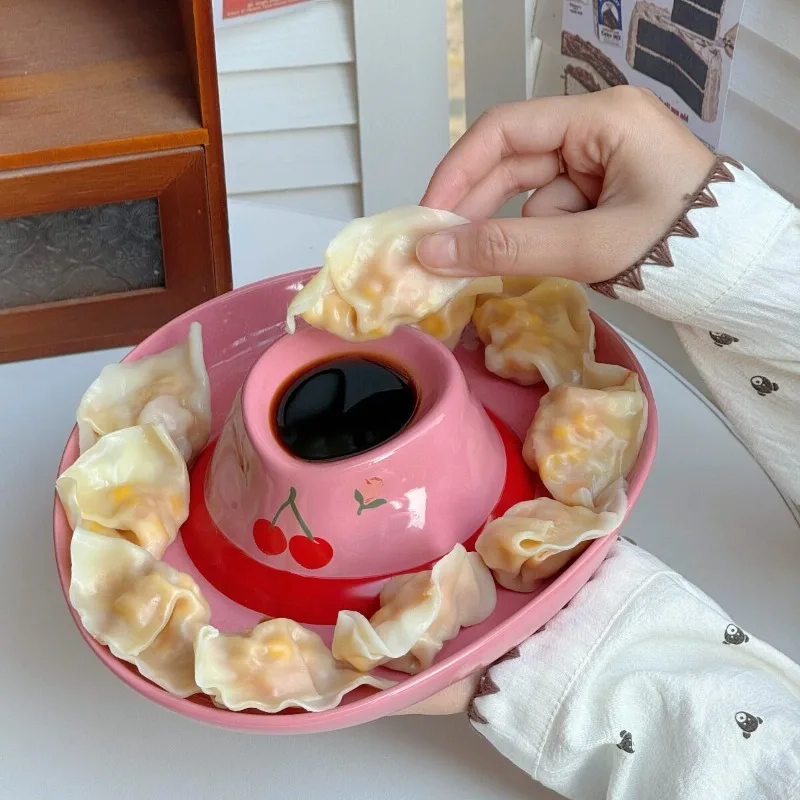 DoLife Store Cowboy Hat Dumpling Plate Strap Vinegar Grid Plate High Value Food Grade Ceramic Plate Creative Household