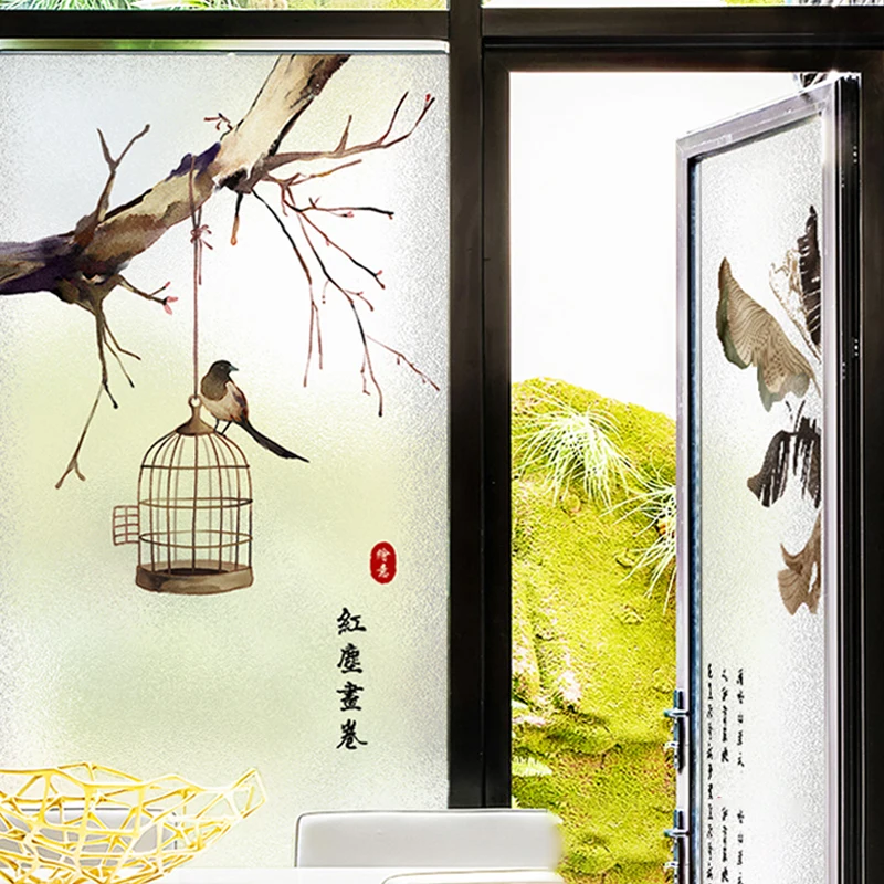 Landscape Painting Window Film Self-adhesive Frosted Privacy Protection Home Decor Door Window Glass Films Stained Wall Sticker